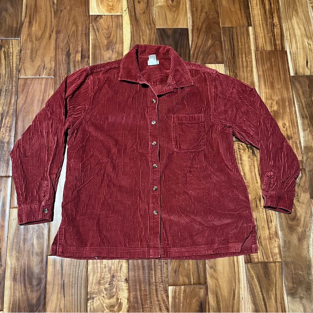 LL Bean Corduroy Shirt Button Up Sz Large Oversized Shacket Burgundy Red Cotton
